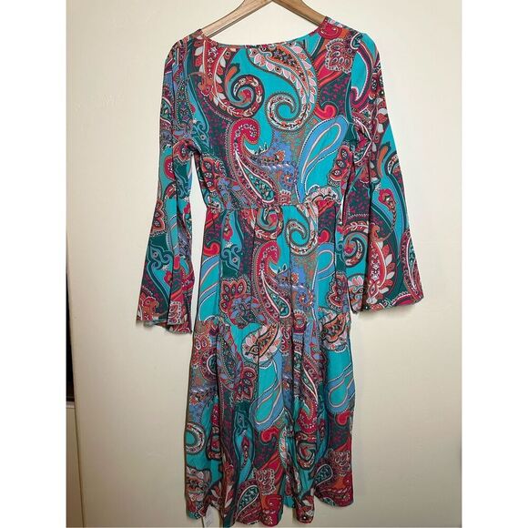 Cupshe Teal and Pink Paisley Bell Sleeve Dress Size Small New - Picture 5 of 7